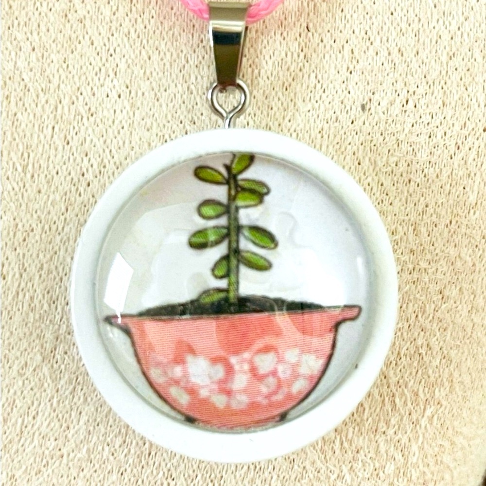 Vintage Pyrex Pink Gooseberry bowl with plant art Pendant Necklace.
